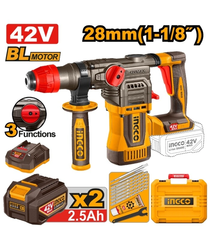 Rotomartillo Sds Plus 4.5j (42vmax) 42v Brushless + 2 Baterias 2.5ah + 1 Cargador 2ah Industrial